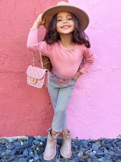 Toddler Fall Outfits | Girls Long Sleeve Top & Plaid Belted Pants Set