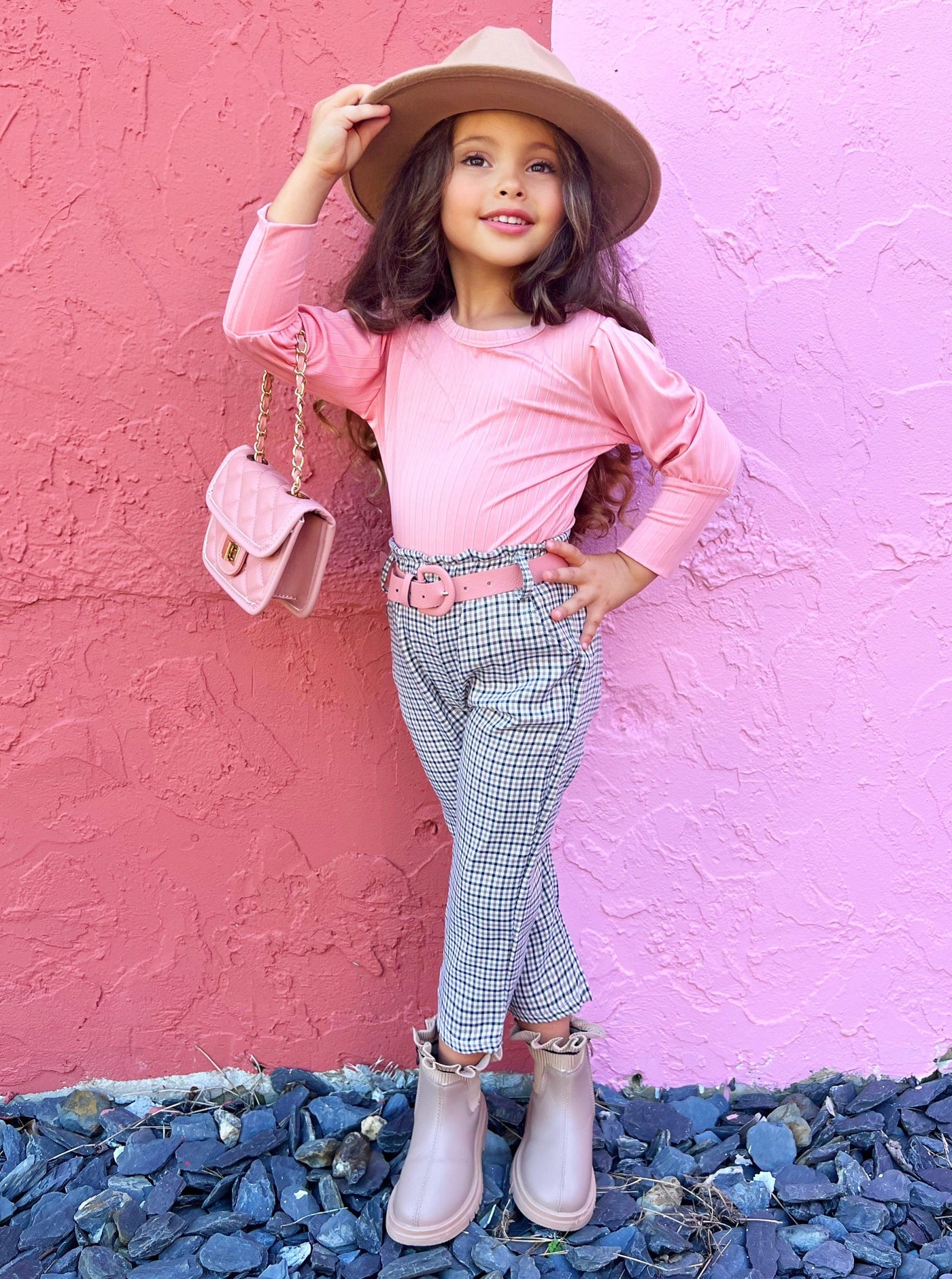 Toddler Fall Outfits | Girls Long Sleeve Top & Plaid Belted Pants Set