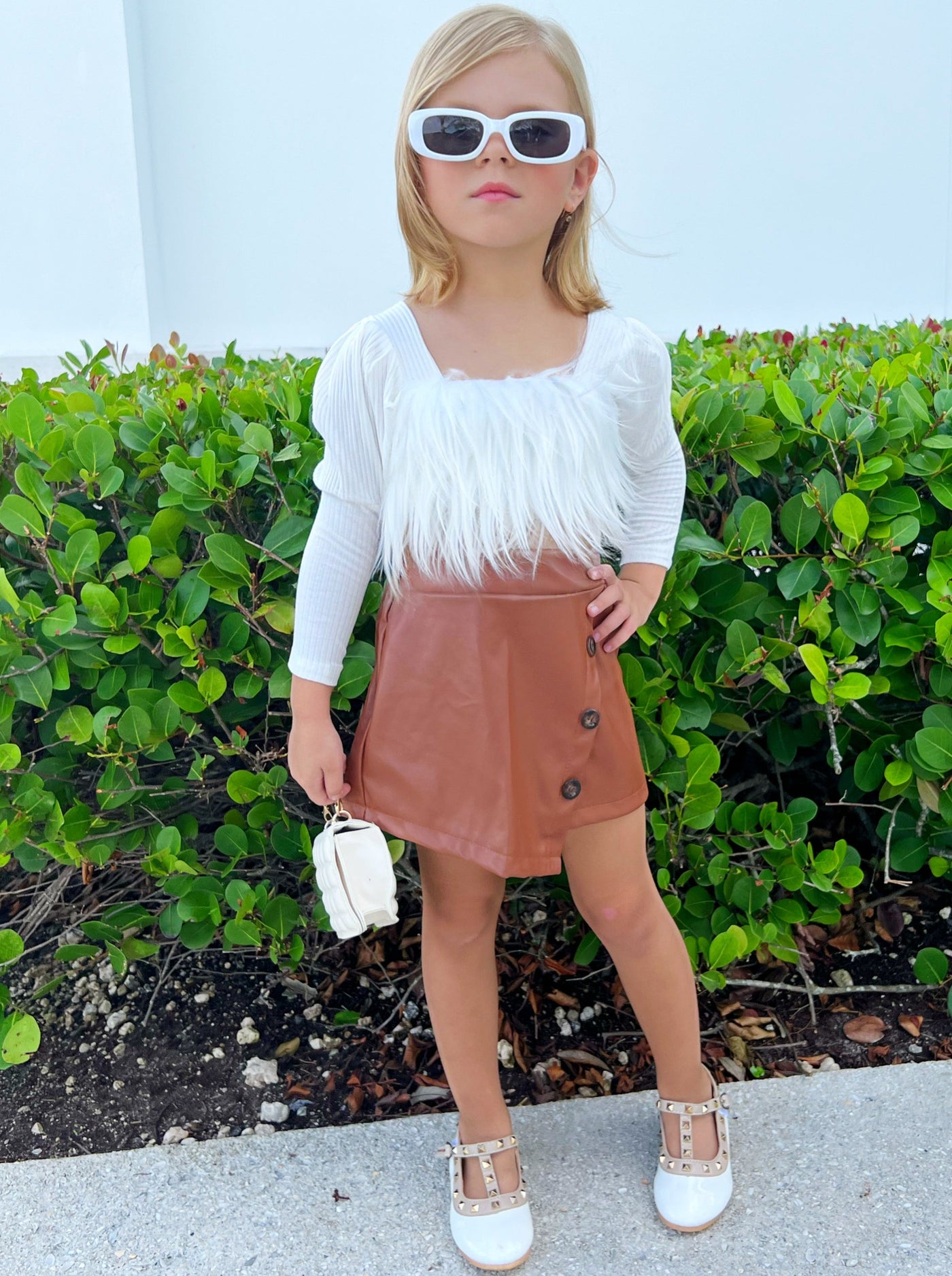 Toddler Everyday Fashion | Girls Furry Crop Top PU Leather Skort Set