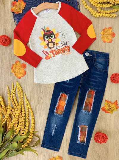 Girls Fall Outfits | Raglan Top & Patched Jeans Set - Mia Belle Girls