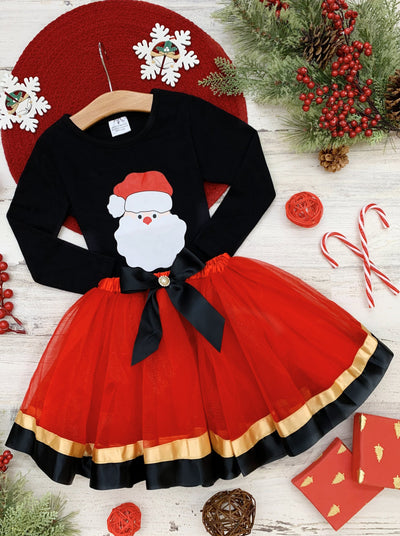 Cute Christmas Skirt Set | Girls Long Sleeved Santa Top Tutu Skirt Set