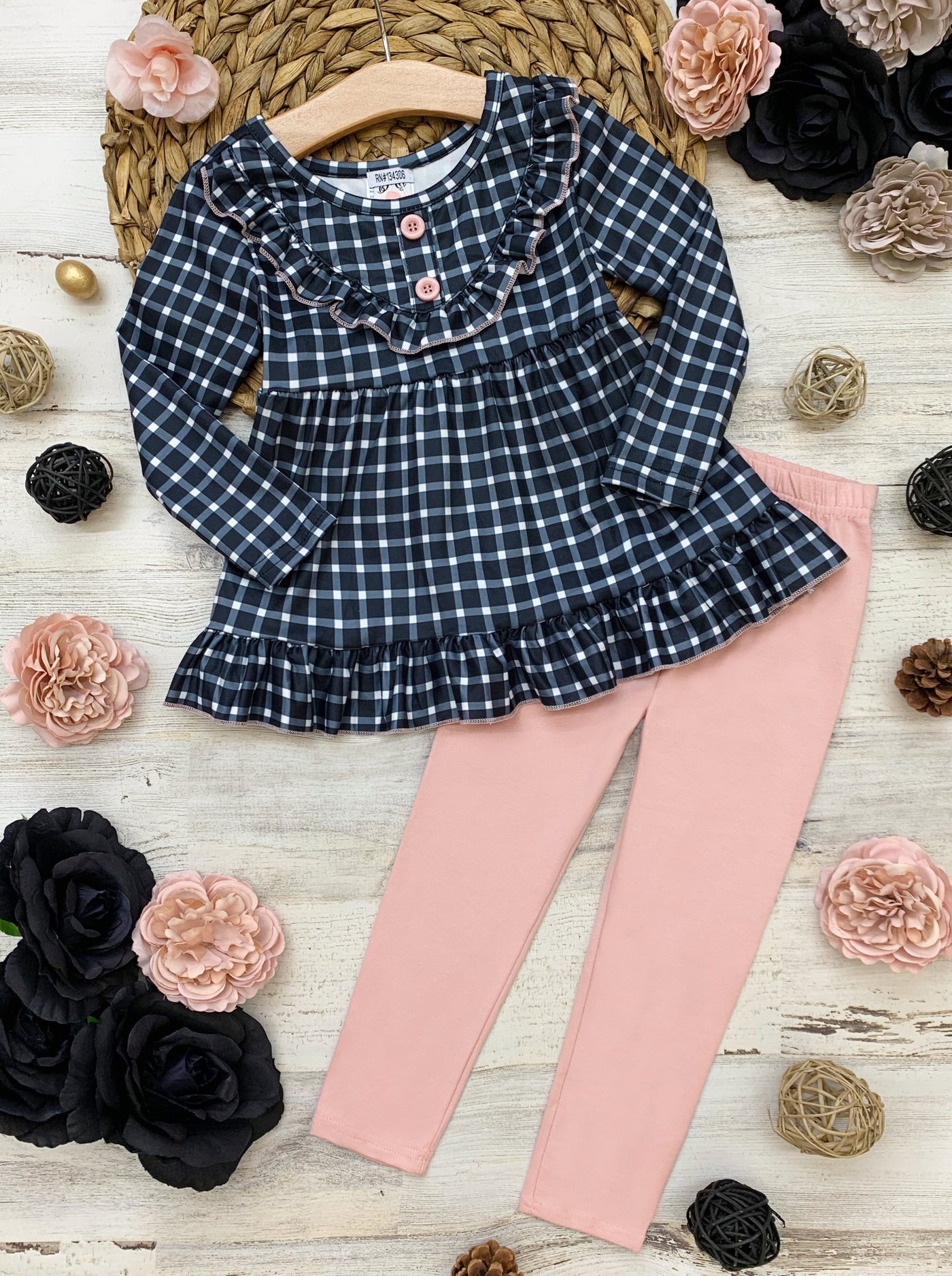 Toddler Fall Outfits | Long Sleeve Ruffled Plaid Tunic & Legging Set