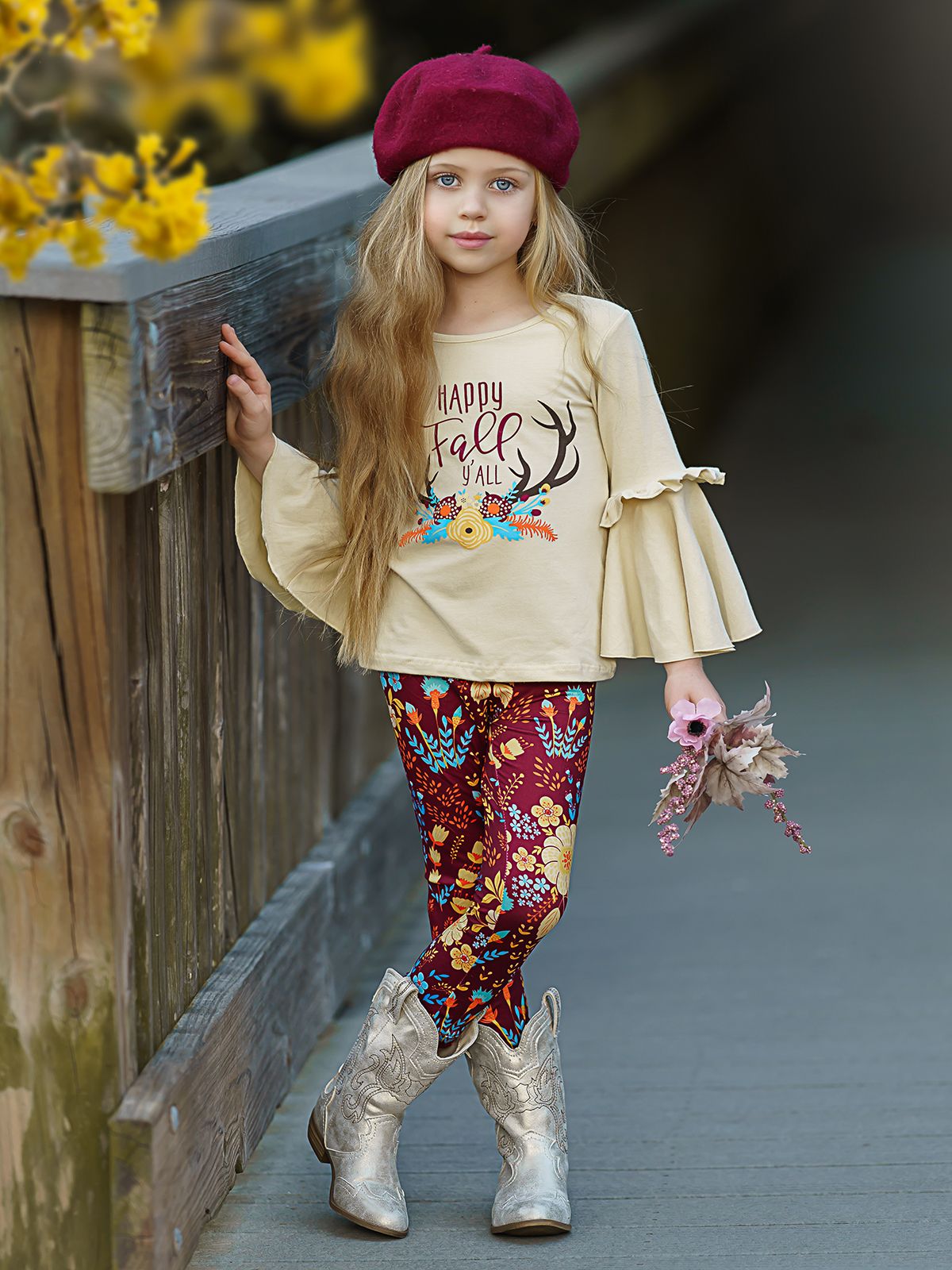 Girls "Happy Fall Ya'll" Floral Reindeer Print Bell Sleeve Top & Floral Legging Set
