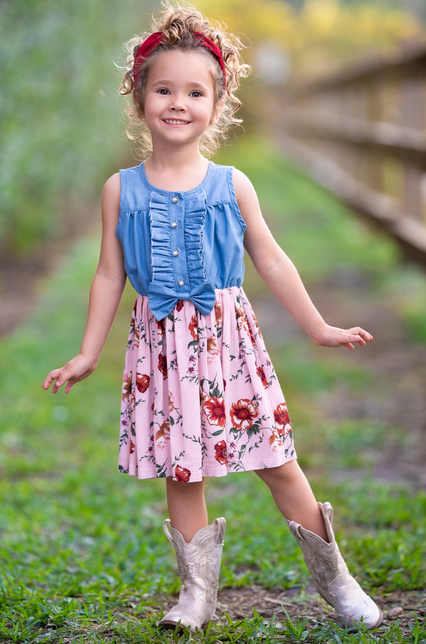 Toddler Spring Dresses | Chambray Ruffled Bodice Floral Skirt Dress 