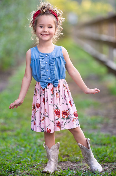 Toddler Spring Dresses | Chambray Ruffled Bodice Floral Skirt Dress 