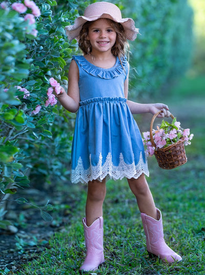 Toddler Spring Dresses | Girls Sleeveless Chambray Lace Hem Dress – Mia ...