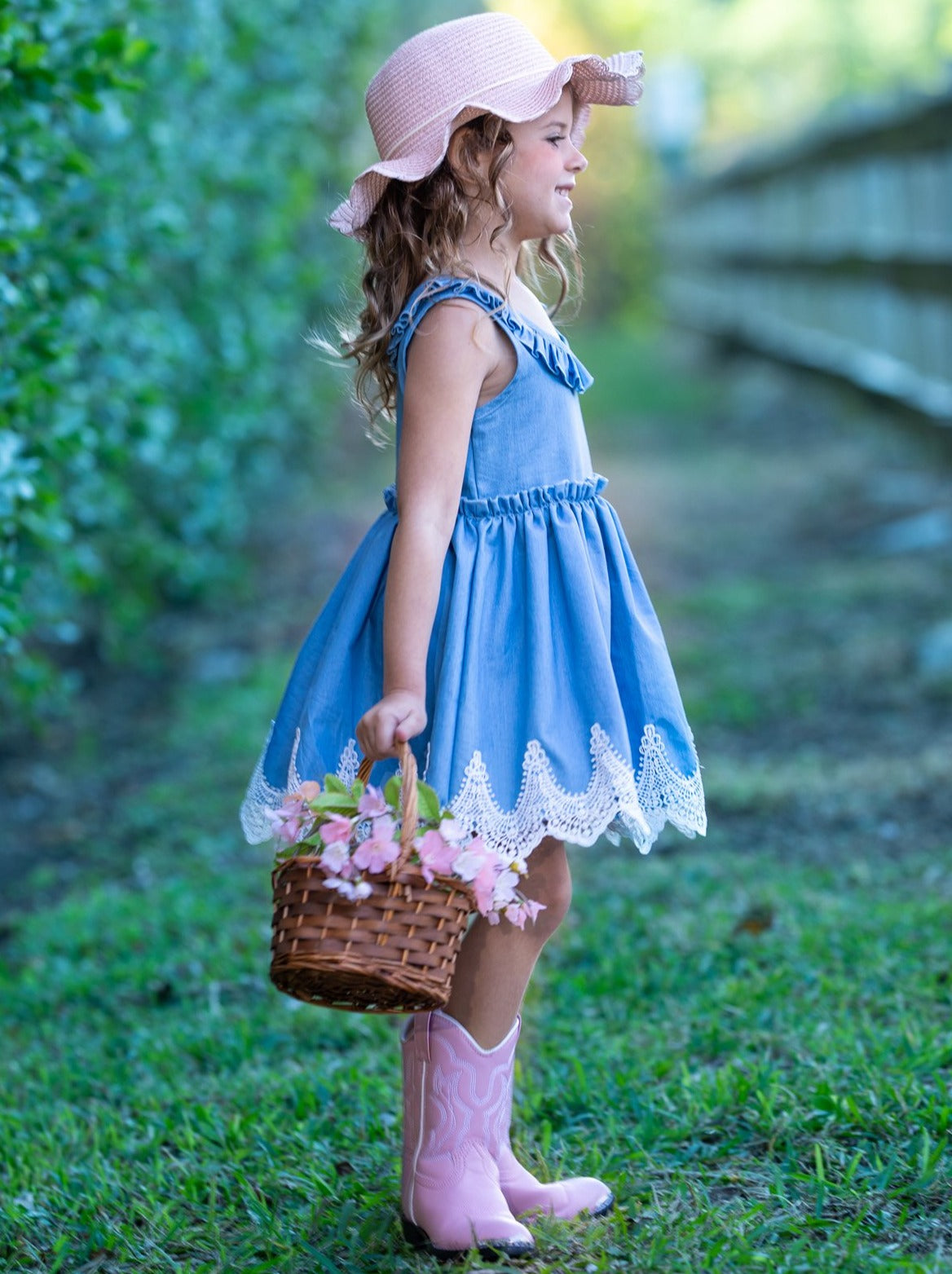 Toddler Spring Dresses | Girls Sleeveless Chambray Lace Hem Dress