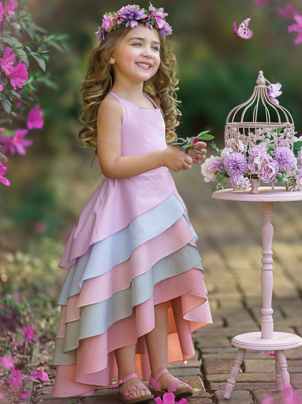 Toddler Spring Dresses | Girls Pastel Rainbow Tiered Hi-Lo Dress 