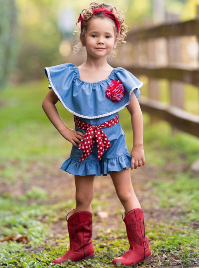 Toddler Spring Outfits | Girls Chambray Ruffle Bib Belted Romper