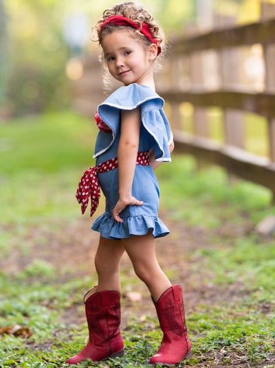 Toddler Spring Outfits | Girls Chambray Ruffle Bib Belted Romper