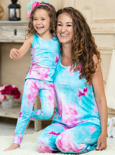 Mommy & Me Loungewear | Aqua Pink Tie Dye Pants Set - Mia Belle Girls