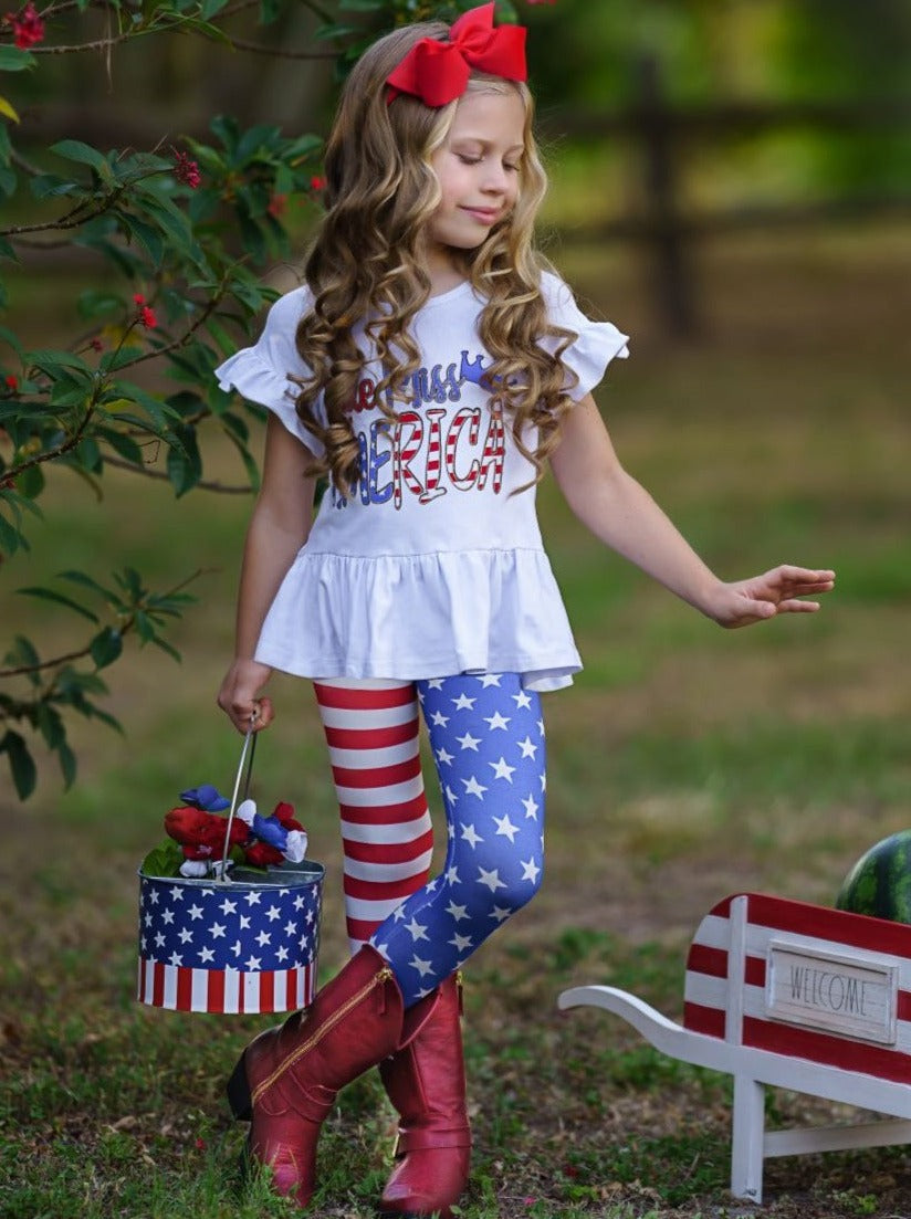 girls Set features a hi-low "Little Miss America" printed tunic with Americana leggings