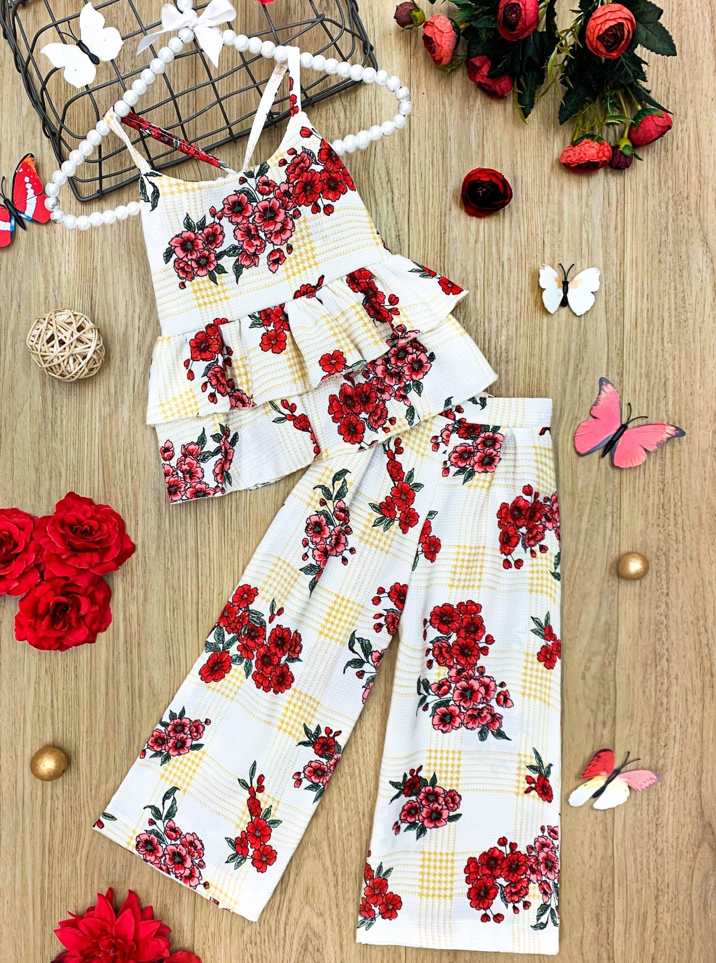 Girls Spring Floral Top with ruffles and spaghetti straps and  Palazzo Pants Set  white with red flowers 2T/3T-10Y/12Y Spring