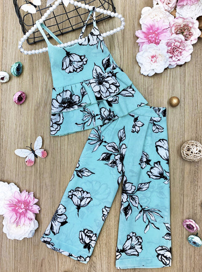 Toddler Spring Outfits | Girls Blue Floral Top & Palazzo Pants Set