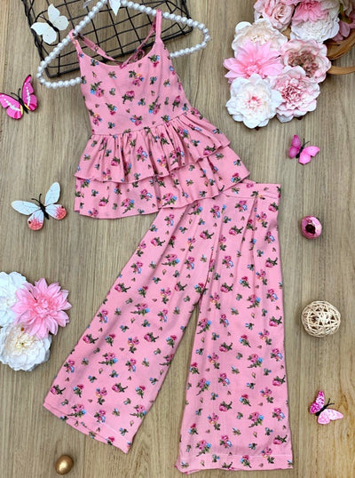 Girls Spring Floral Top with ruffles and spaghetti straps and crisscrossed back and Palazzo Pants Set 2T/3T to 10Y/12Y