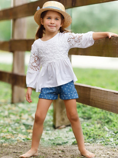 Toddler Spring Outfit | Girls Ruched Lace Tunic & Floral Shorts Set