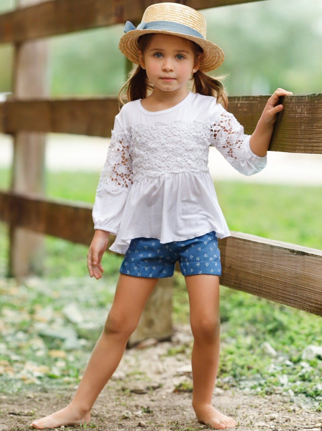Toddler Spring Outfit | Girls Ruched Lace Tunic & Floral Shorts Set