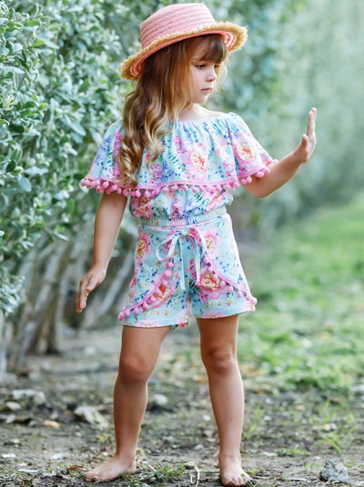 Toddler Spring Outfits | Girl Pom Pom Ruffle Top & Overlay Shorts Set