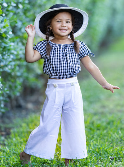 Girls Tie Sleeve Crop Top and Buttoned Palazzo Pants Set - White / 2T/3T - Girls Spring Casual Set