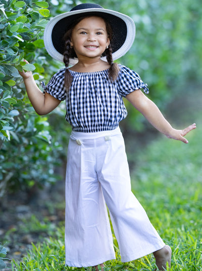 Girls Tie Sleeve Crop Top and Buttoned Palazzo Pants Set - White / 2T/3T - Girls Spring Casual Set