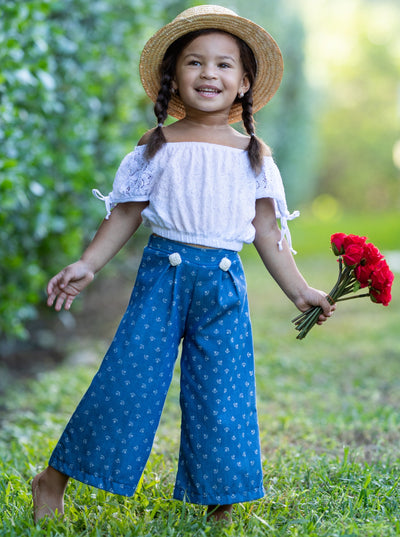 Girls Tie Sleeve Crop Top and Buttoned Palazzo Pants Set - Denim / 2T/3T - Girls Spring Casual Set