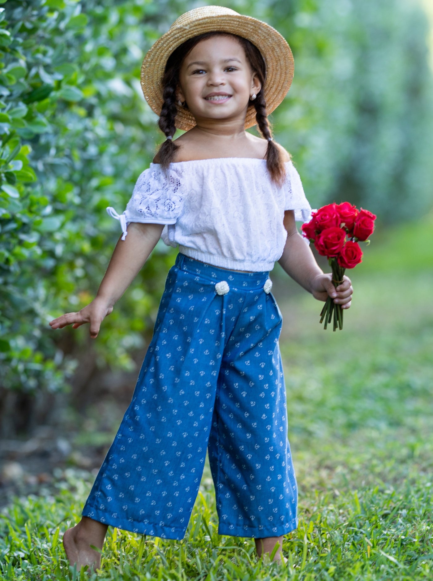 Girls Tie Sleeve Crop Top and Buttoned Palazzo Pants Set - Denim / 2T/3T - Girls Spring Casual Set