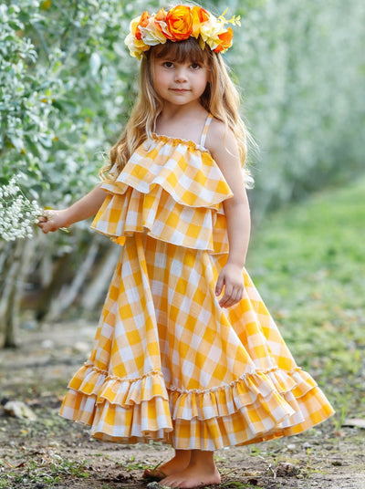 Girls Plaid Double Ruffle Crop Top and Maxi Skirt Set - Girls Spring Casual Set