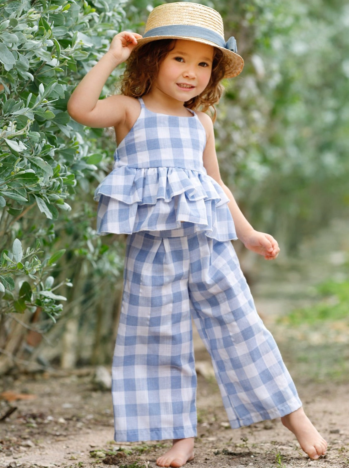 Girls Plaid Double Ruffle Top and Pants Set - Blue / 2T/3T - Girls Spring Casual Set