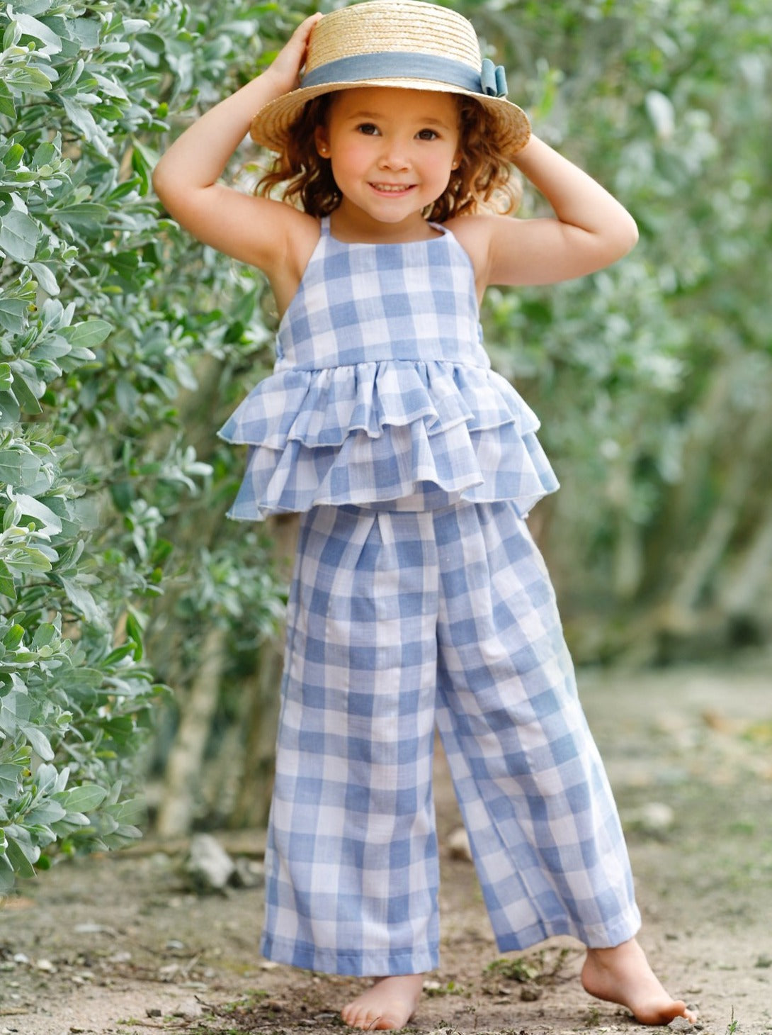 Girls Plaid Double Ruffle Top and Pants Set - Blue / 2T/3T - Girls Spring Casual Set