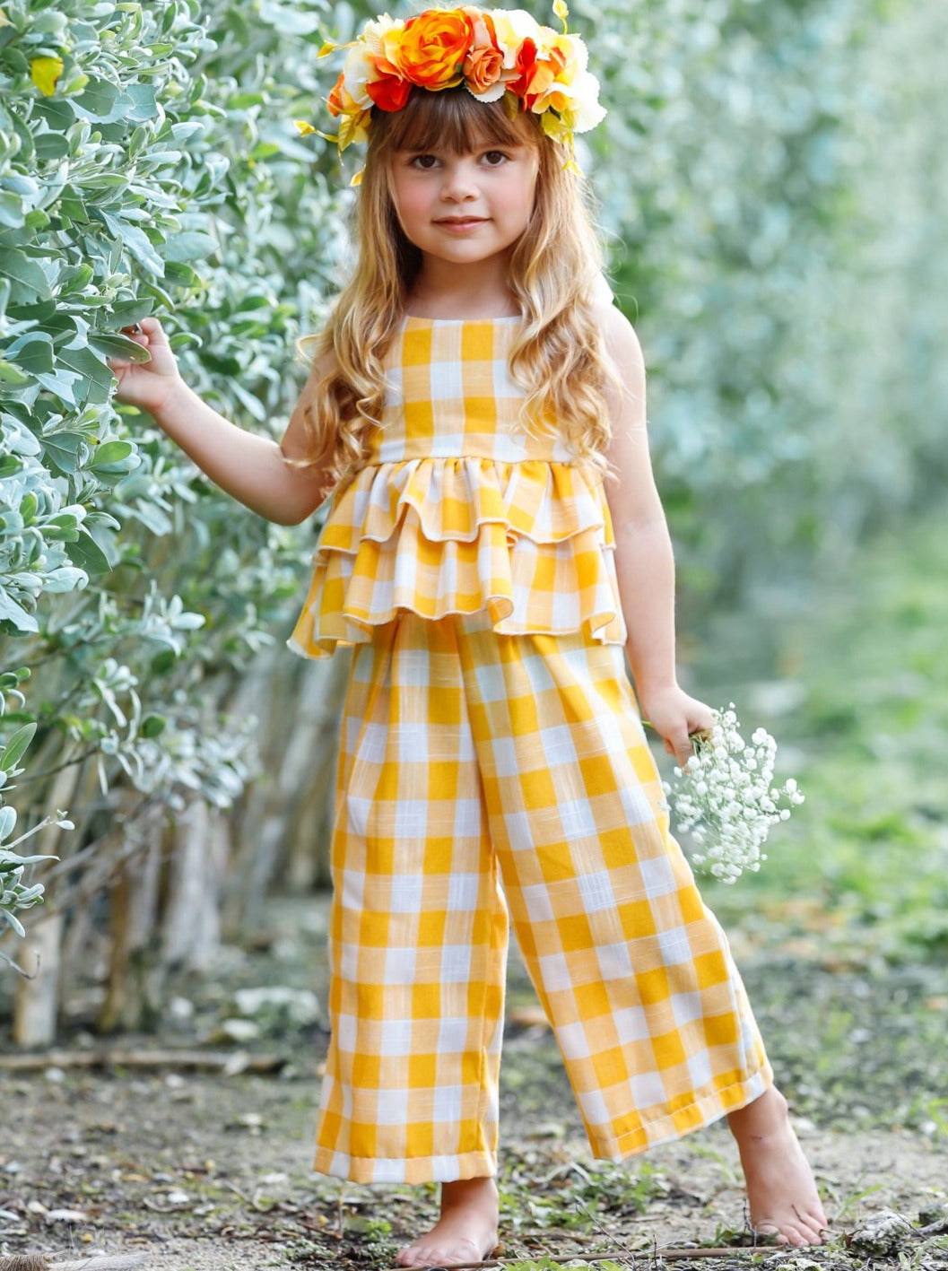 Girls Plaid Double Ruffle Top and Pants Set - Girls Spring Casual Set