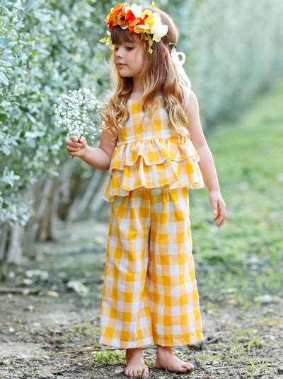 Girls Plaid Double Ruffle Top and Pants Set - Girls Spring Casual Set