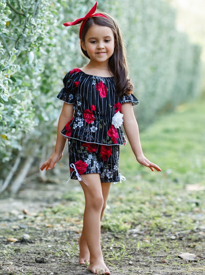 Toddler Spring Outfits | Girls Pinstripe Floral Top & Shorts Set