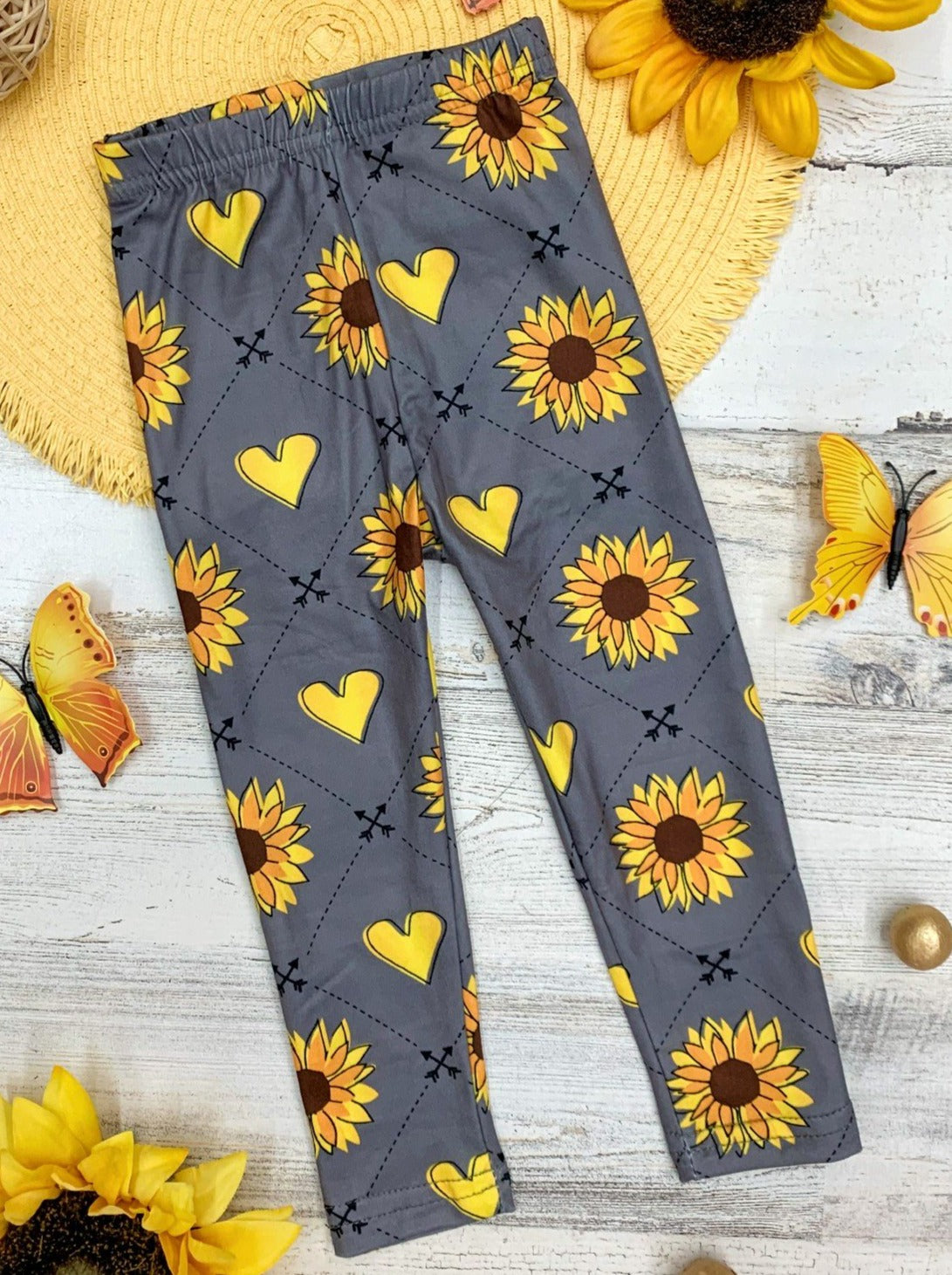 Girls Grey Sunflower And Heart Print Leggings | Mia Belle Girls