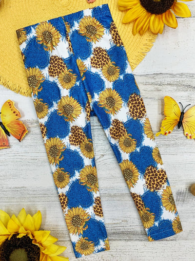 girls capri legging blue with yellow sunflowers and blue hearts 2T-10Y