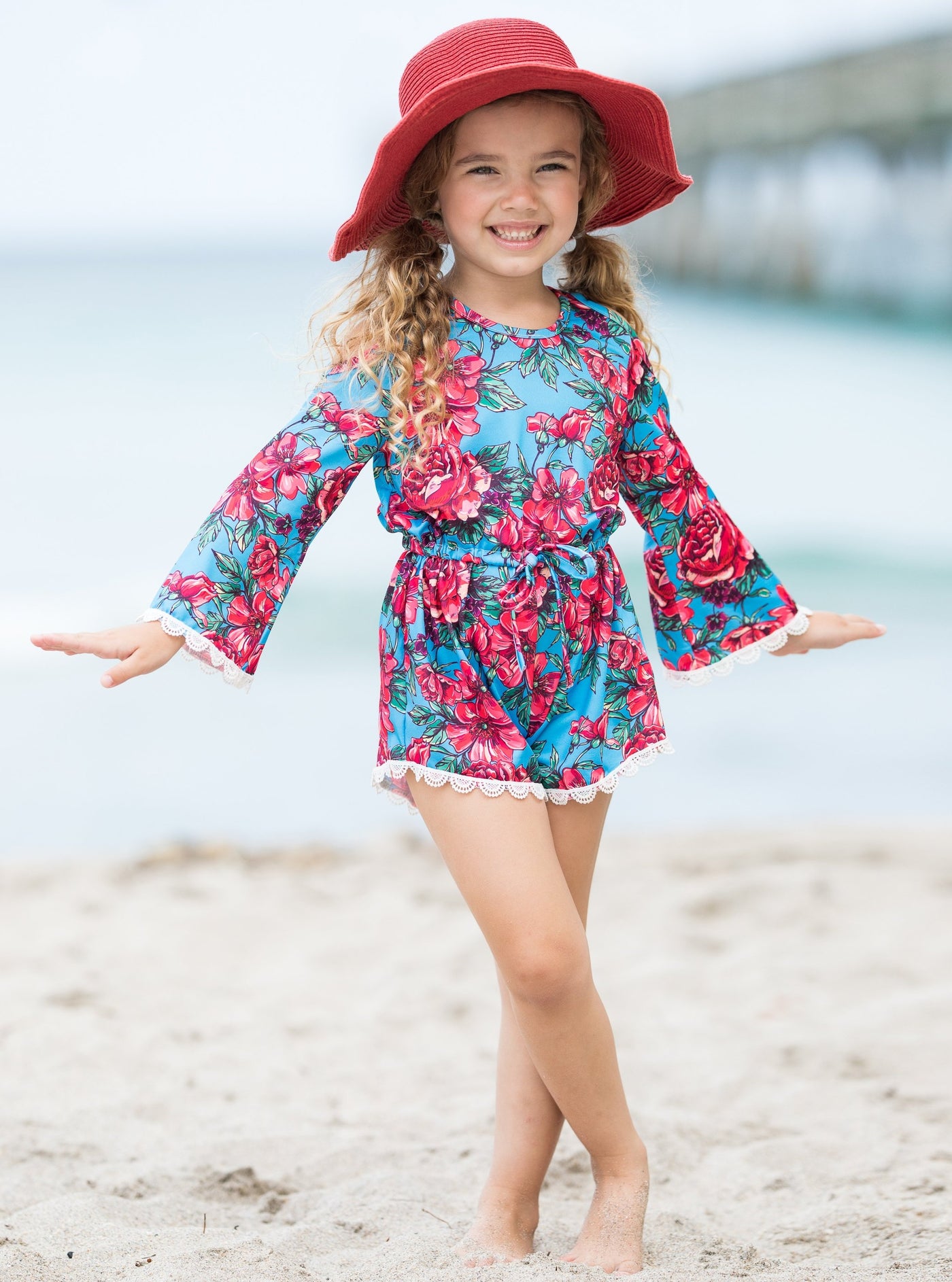 Cute Toddler Outfit | Girls Floral Cold Shoulder Drawstring Romper