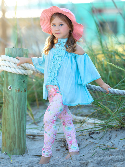 Toddler Spring Clothes | Unicorn Mermaid Lace Trim Top & Legging Set