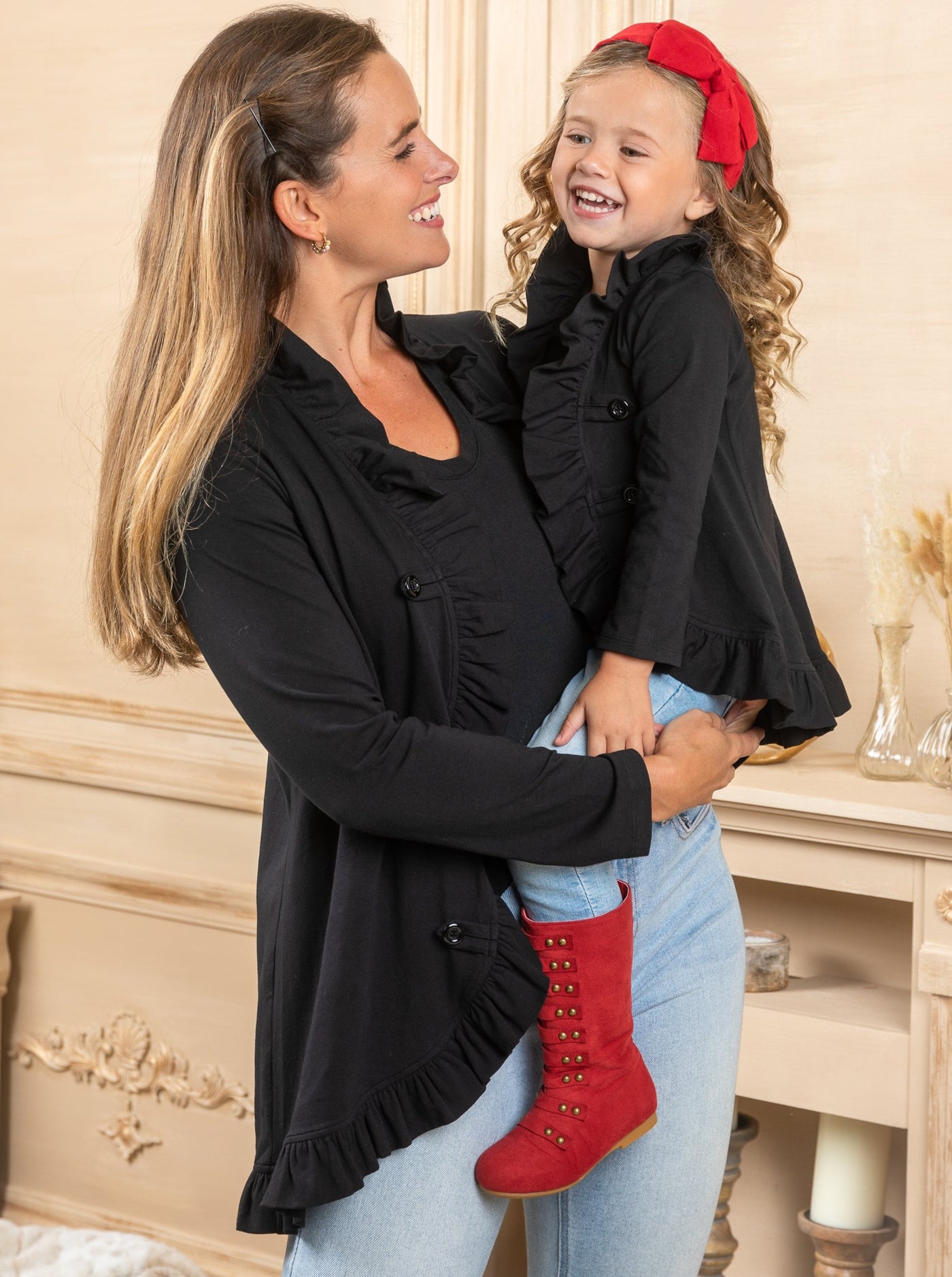 Mommy & Me Sweaters | Black Ruffled Cardigan | Mia Belle Girls