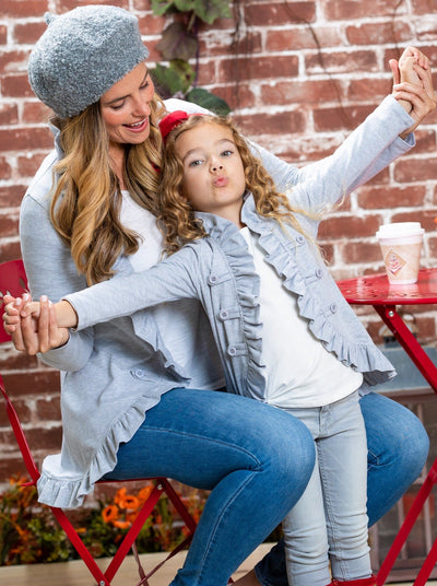 Mommy & Me Sweaters | Matching Grey Ruffled Cardigan | Mia Belle Girls