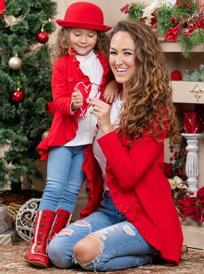 Mommy & Me Matching Red Ruffled Blazer Cardigan - Mia Belle Girls