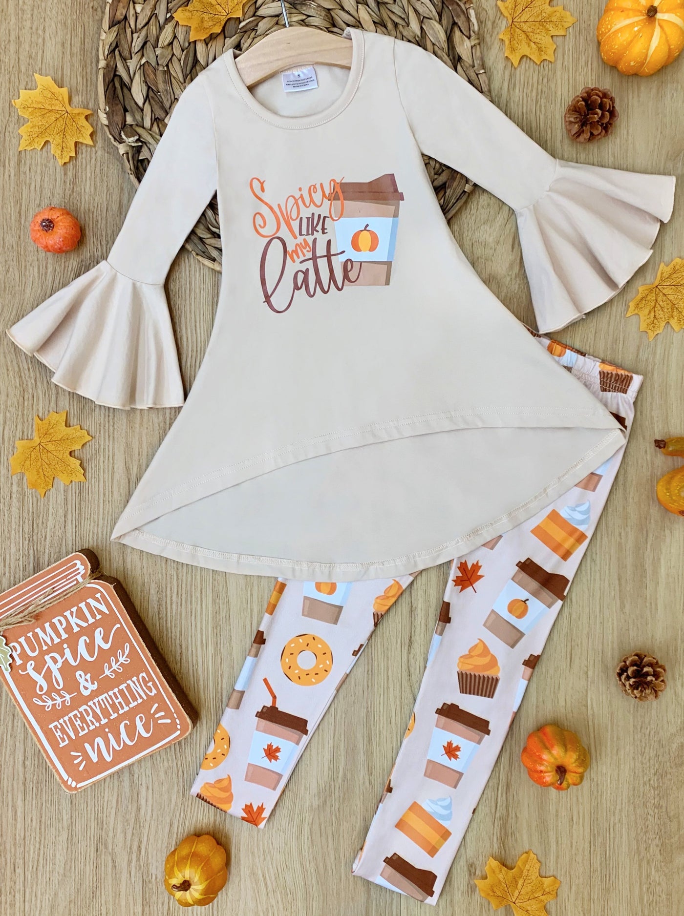 Girls Fall 3/4 sleeve hi-lo "Spicy Like My Latte" graphic print tunic with bell cuffs and pumpkin spice printed leggings - Mia Belle Girls
