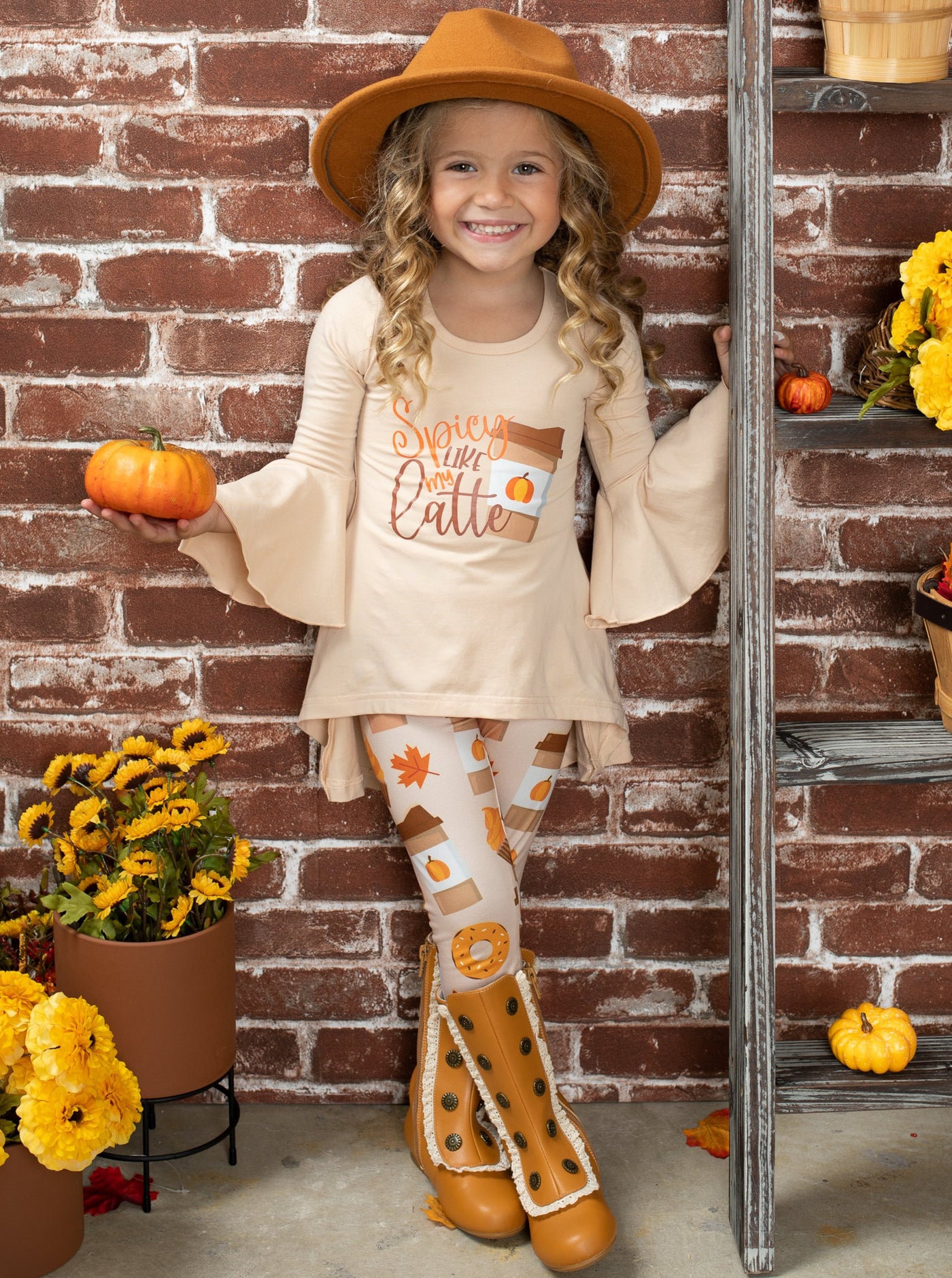 Girls Fall 3/4 sleeve hi-lo "Spicy Like My Latte" graphic print tunic with bell cuffs and pumpkin spice printed leggings - Mia Belle Girls
