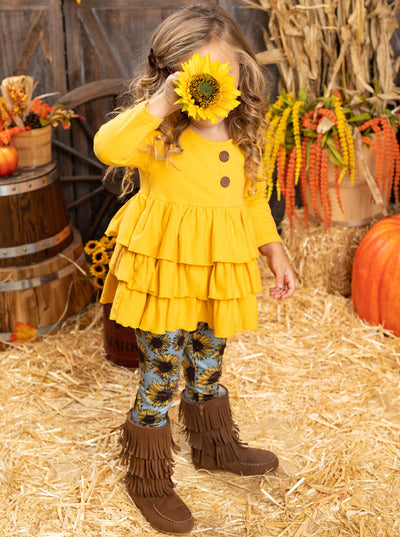 Little Girls Fall Ruffle Tunic & Sunflower Legging Set - Mia Belle Girls