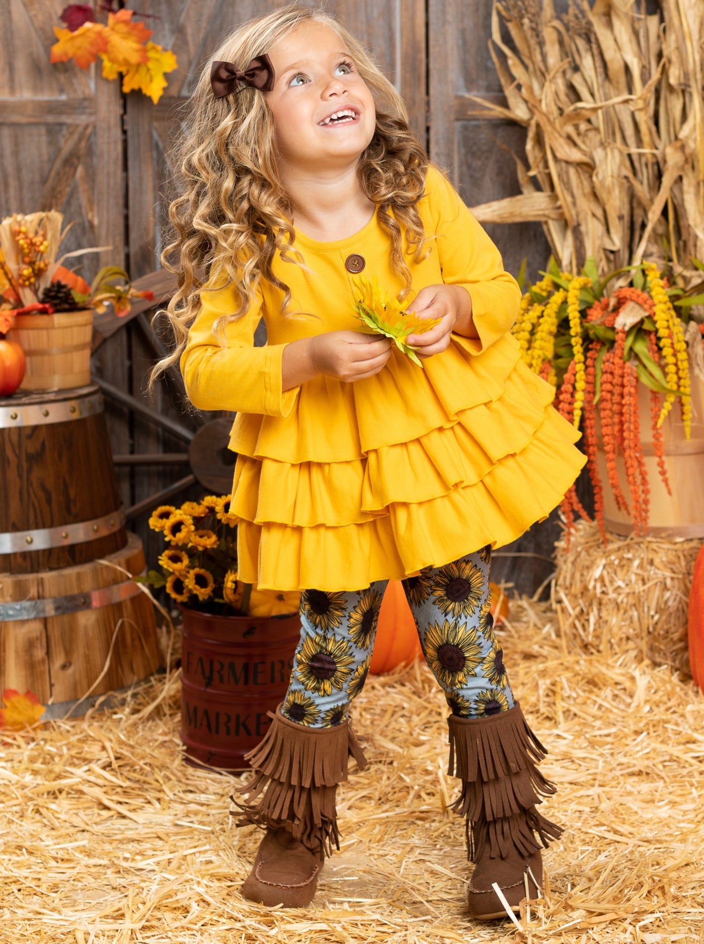 Little Girls Fall Ruffle Tunic & Sunflower Legging Set - Mia Belle Girls
