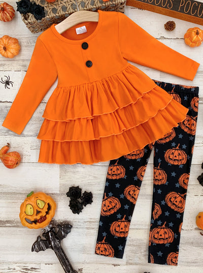 Little girls long-sleeve tunic with faux button bodice, tiered ruffle skirt, and star/pumpkin print leggings - Mia Belle Girls