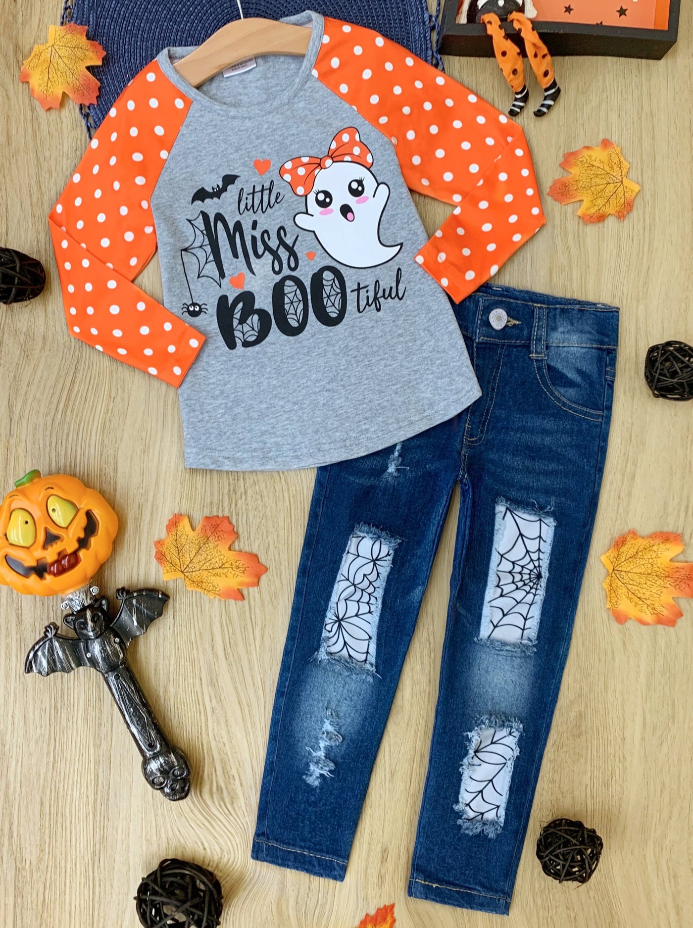 Girls Halloween Apparel | Ghost Top & Jeans Set - Mia Belle Girls