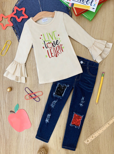 First Day of School | Live, Love, Learn Patched Jeans Set | Mia Belle Girls