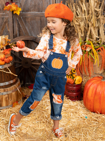Girls Fall Outfits | Tie Dye Top & Pumpkin Patched Denim Overall Set