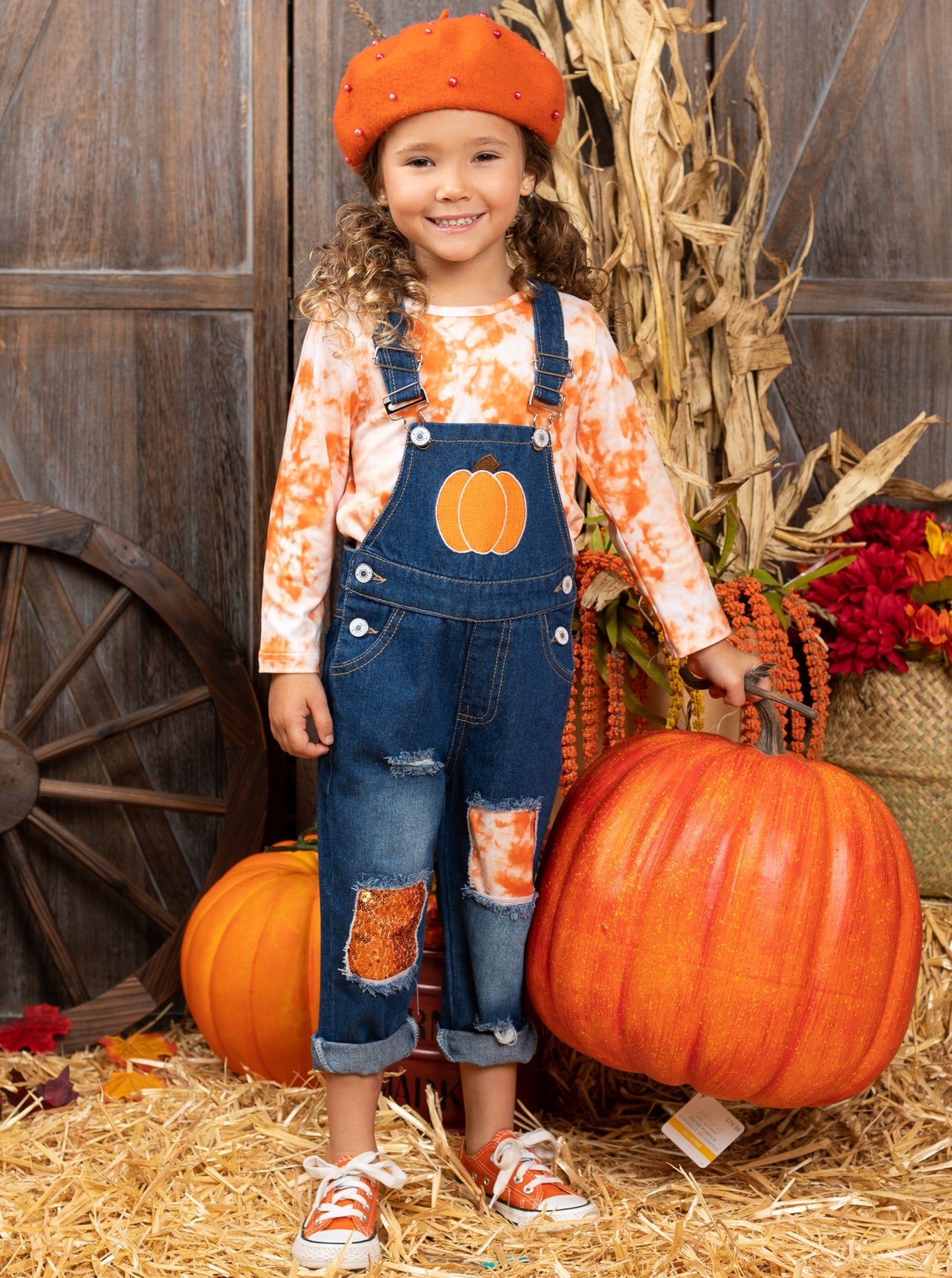 Girls Fall Outfits | Tie Dye Top & Pumpkin Patched Denim Overall Set
