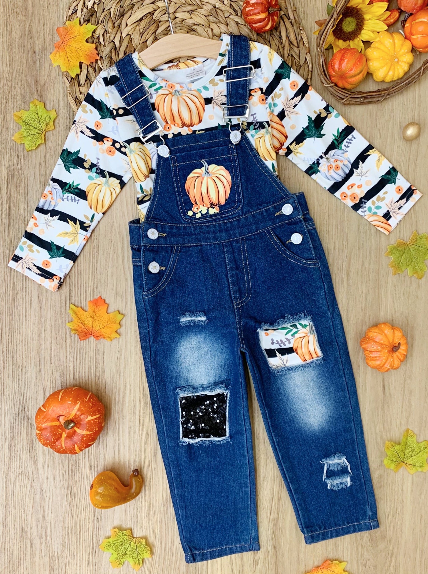 Girls Fall Outfits | Top & Patched Overalls Set - Mia Belle Girls