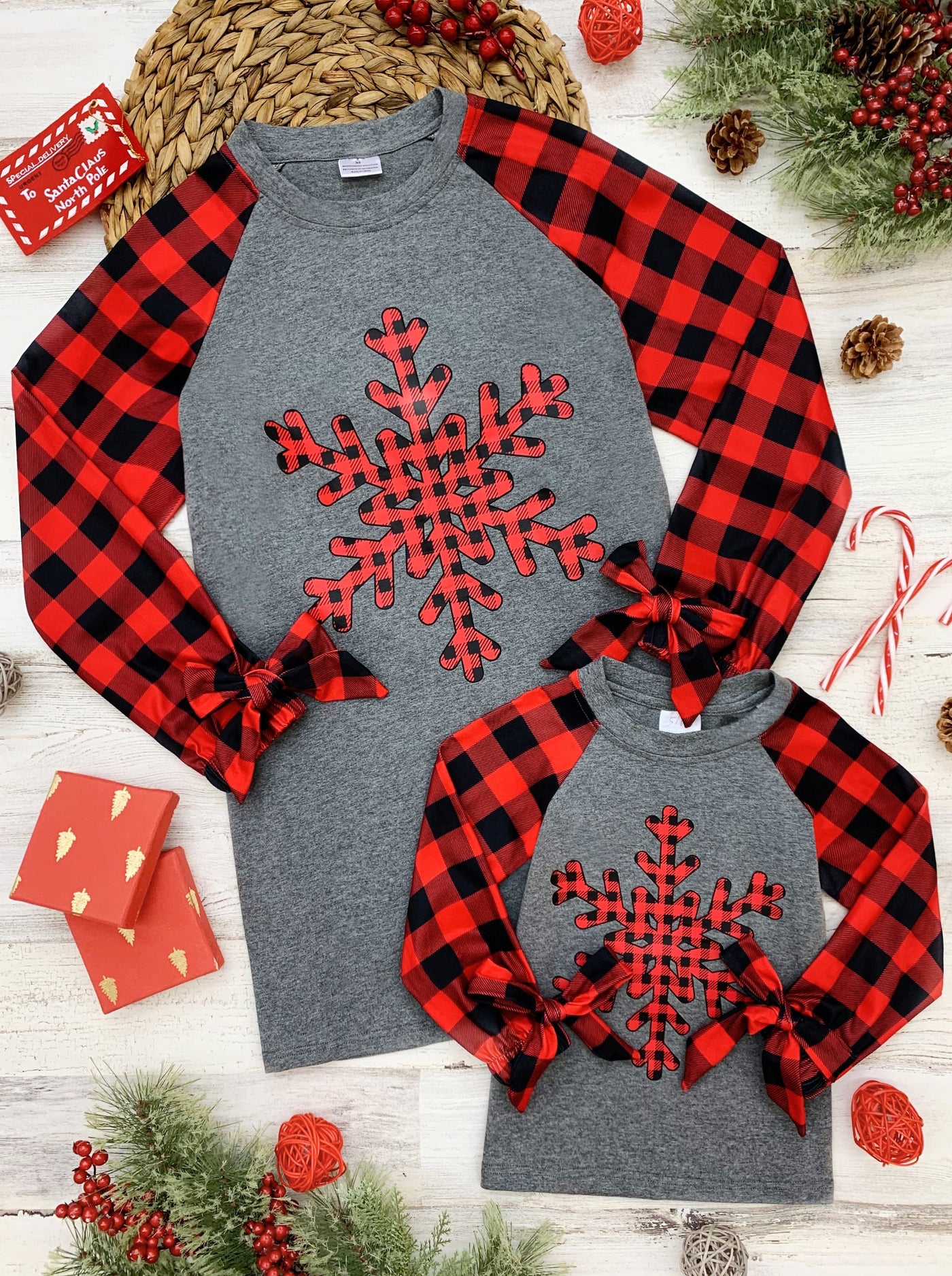 Mommy and Me Matching Tops | Snowflake Graphic Print Plaid Raglan Top